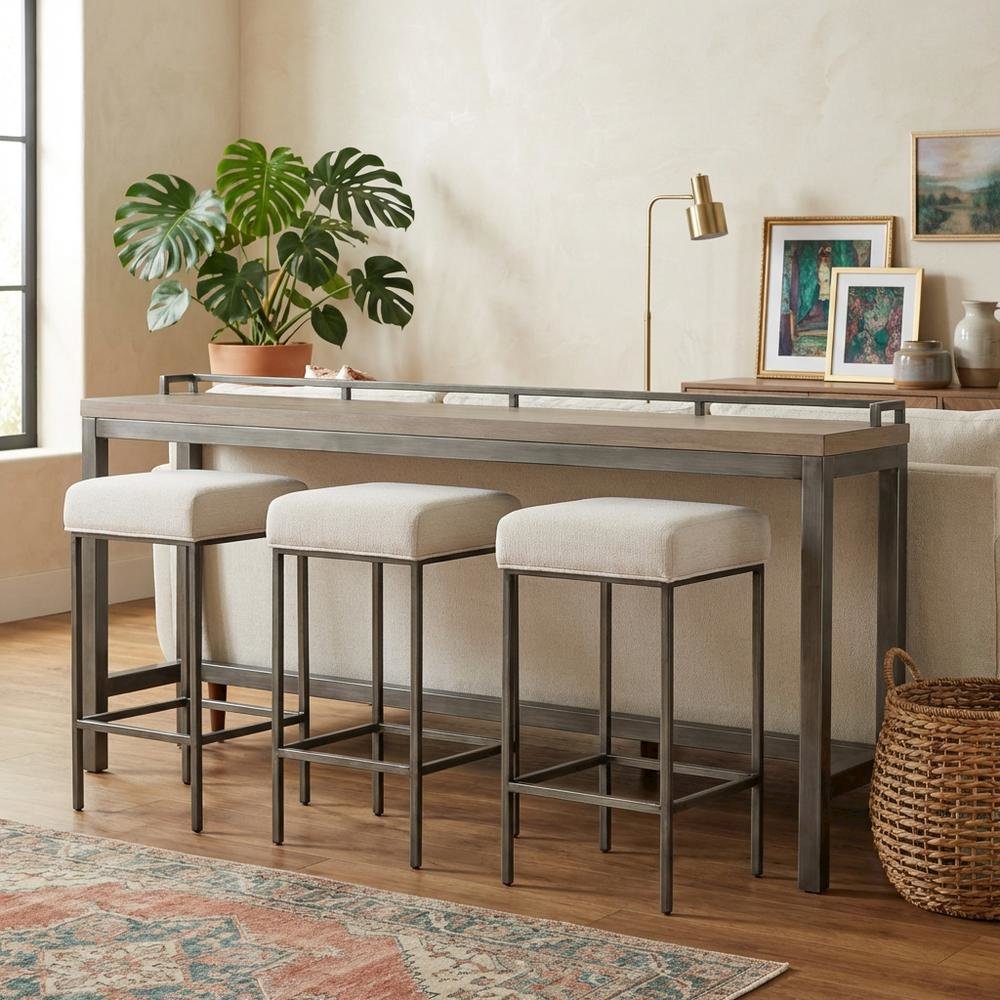 Gray Console Table with 3 Stools and Metal Frame for Living Room Use