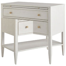 Elegant White Nightstand with Two Drawers and Pull-Out Shelf Design