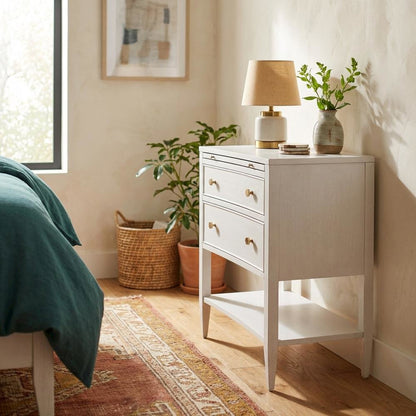 Elegant White Nightstand with Two Drawers and Pull-Out Shelf Design