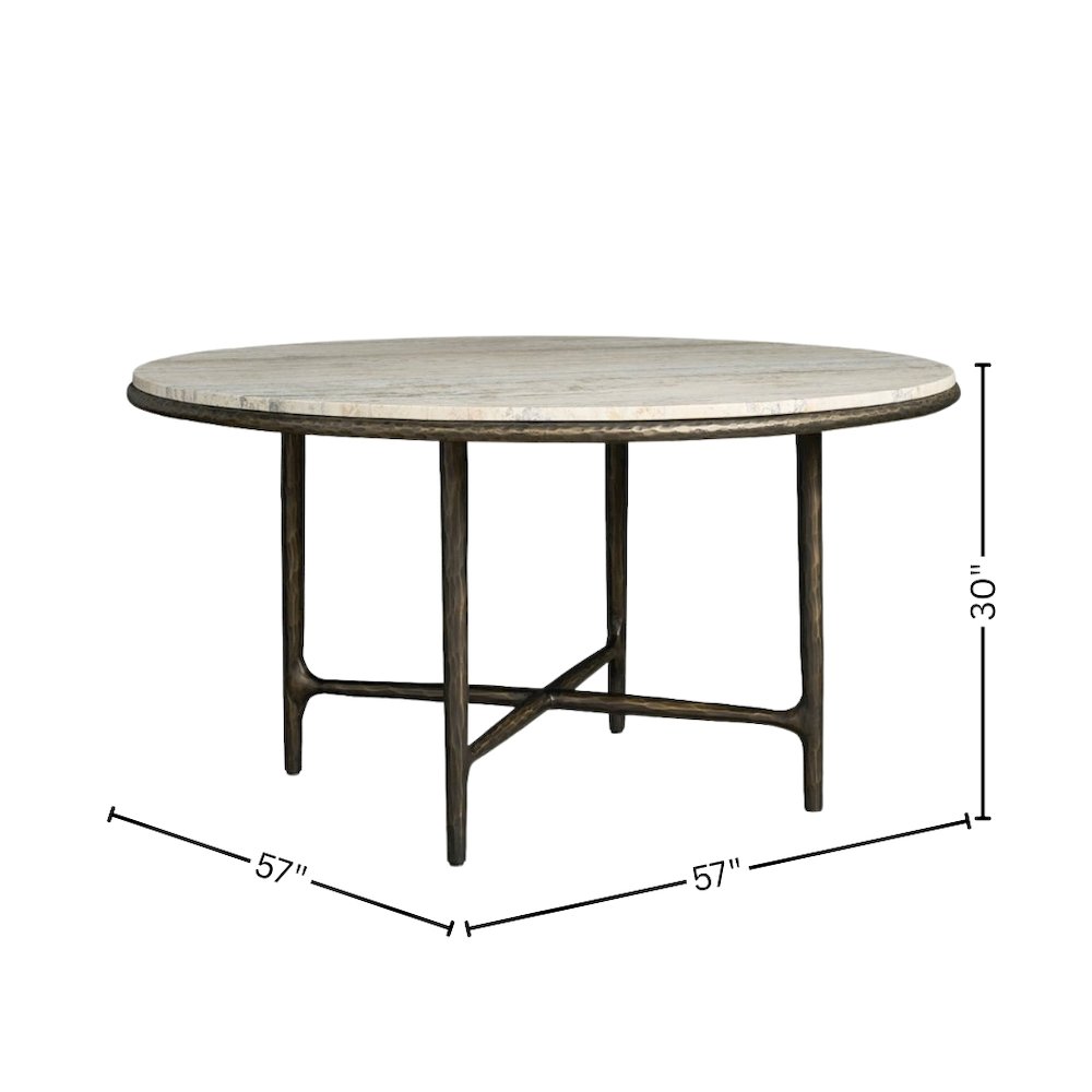 White Round Dining Table with Travertine Top and Metal X-Base Frame