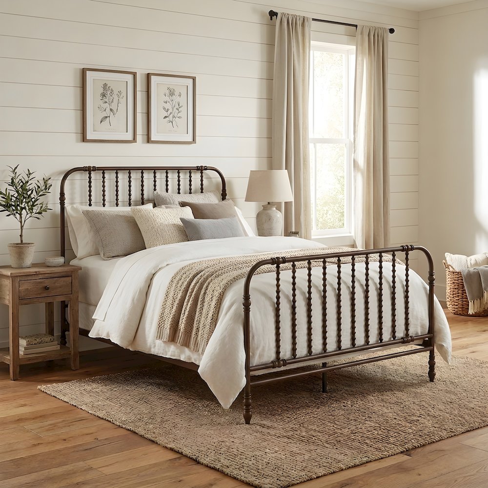 Guest Room Metal Platform Bed with Curved Corners and Distressed Finish