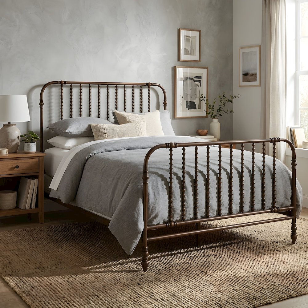 Guest Room Metal Platform Bed with Curved Corners and Distressed Finish