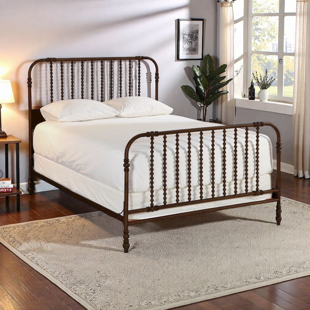 Metal Bed Frame – King Bed Frame in Brown Finish with Slatted Support