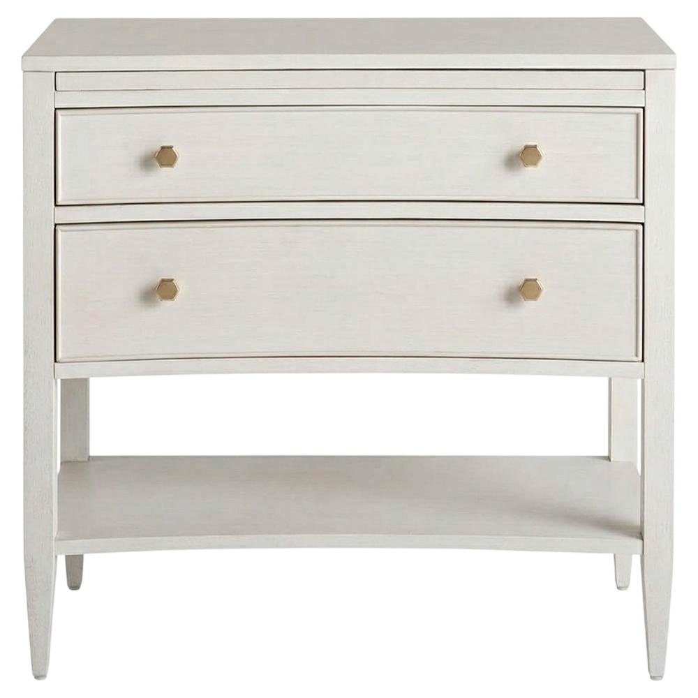 Elegant White Nightstand with Two Drawers and Pull-Out Shelf Design
