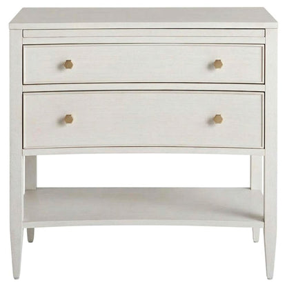 Elegant White Nightstand with Two Drawers and Pull-Out Shelf Design