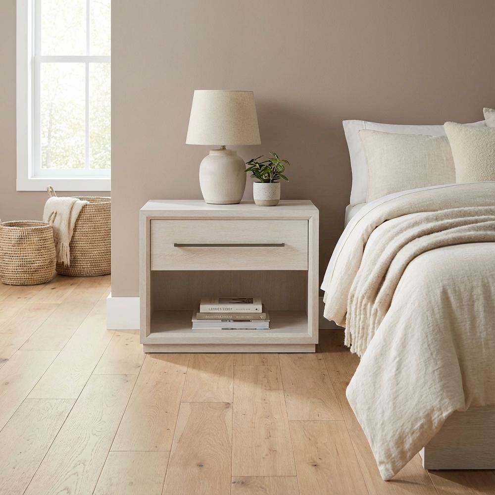 White Oak Finish Modern Nightstand with Drawer Storage