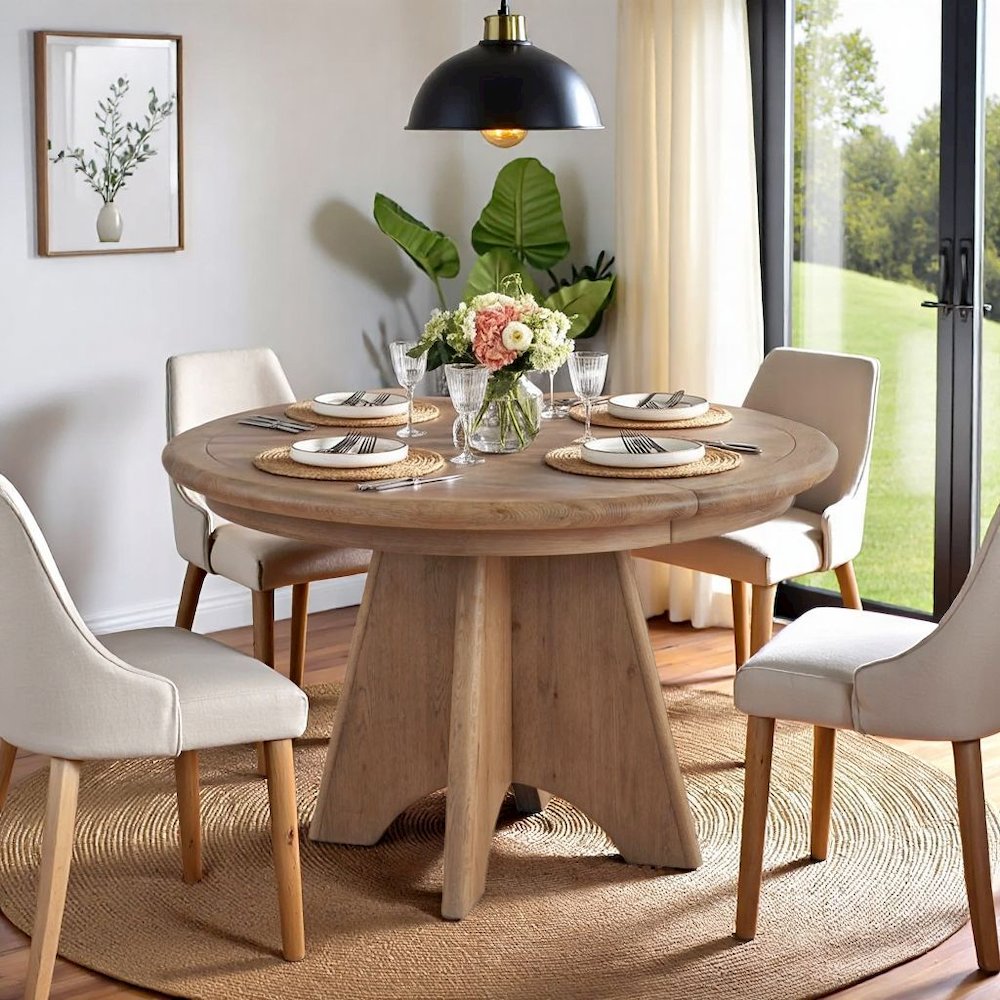 Brown Round Pedestal Dining Table With Oak Veneer Finish for 6