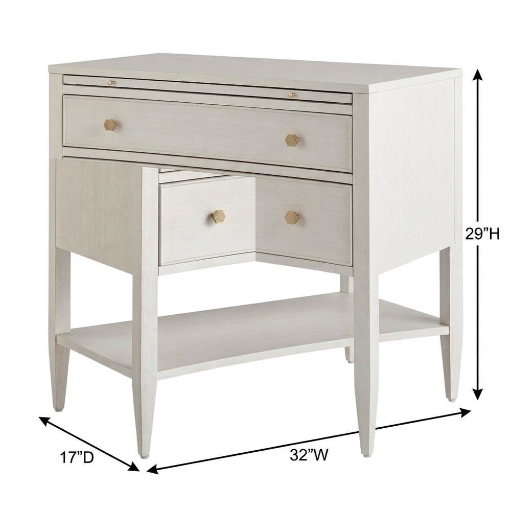 Elegant White Nightstand with Two Drawers and Pull-Out Shelf Design