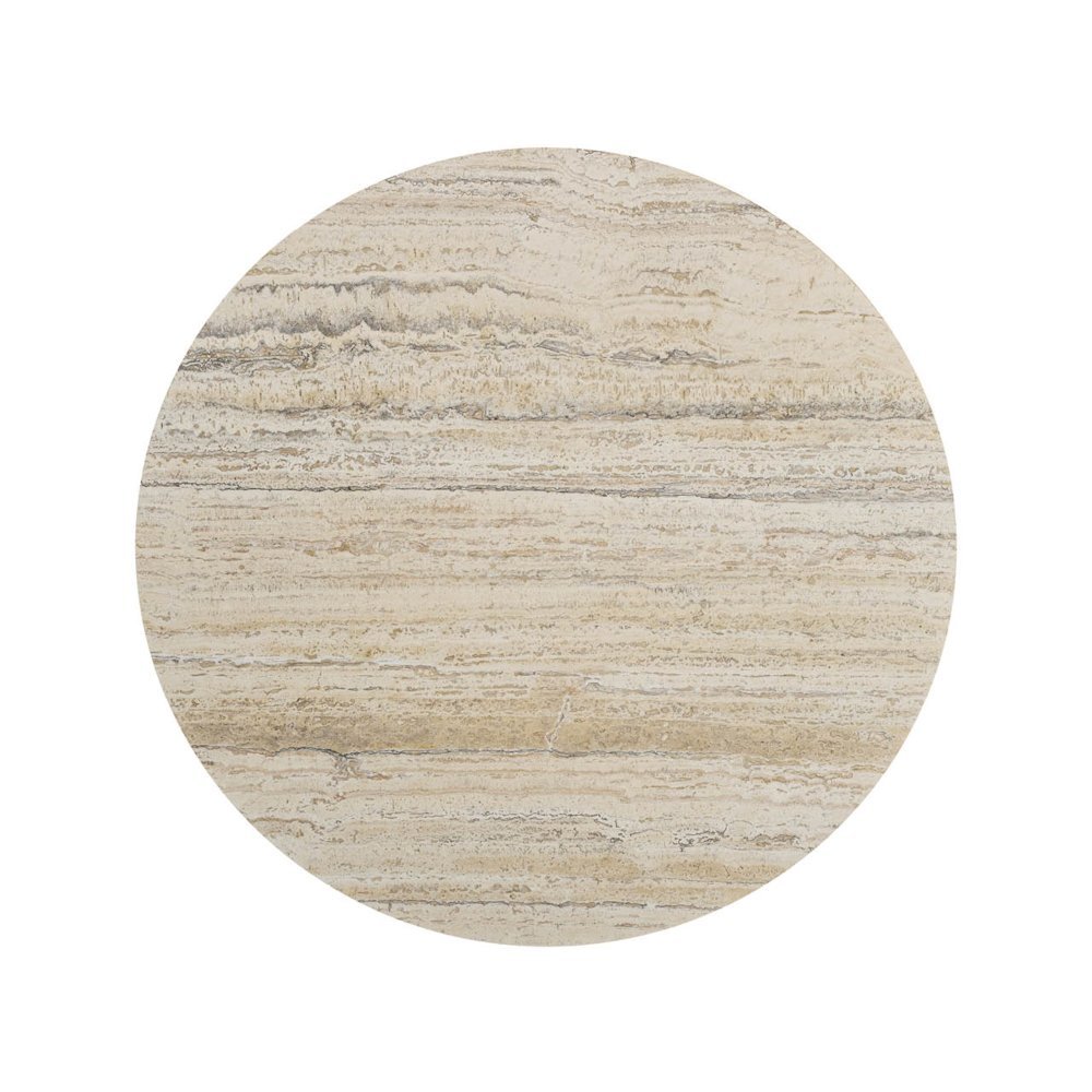 White Round Dining Table with Travertine Top and Metal X-Base Frame