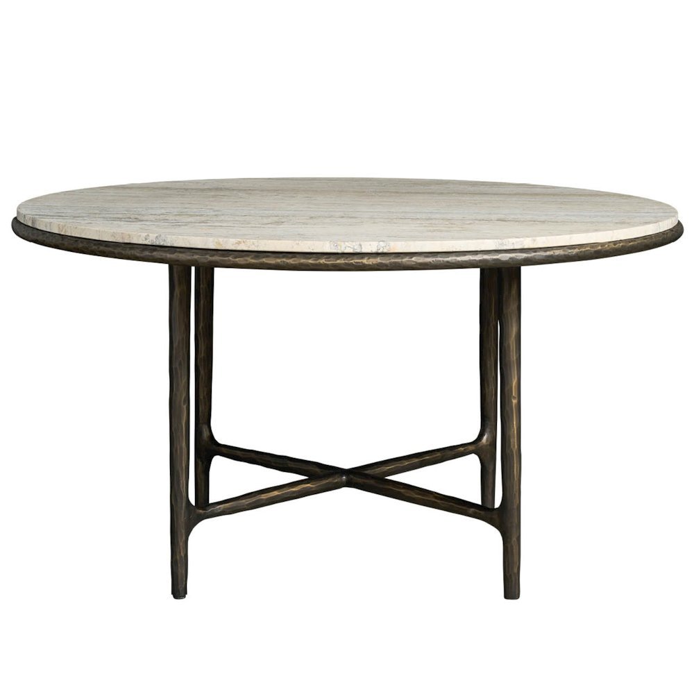 White Round Dining Table with Travertine Top and Metal X-Base Frame