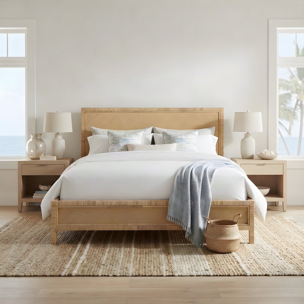 Rattan Raffia Platform Bed with Wrapped Split Rattan Angles, Queen, NA