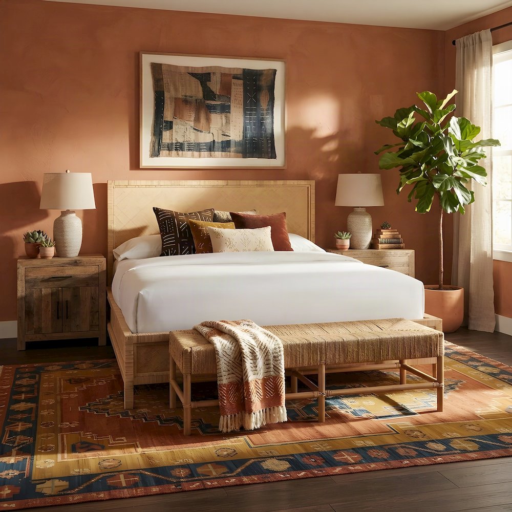 Rattan Raffia Platform Bed with Wrapped Split Rattan Angles, Queen, NA