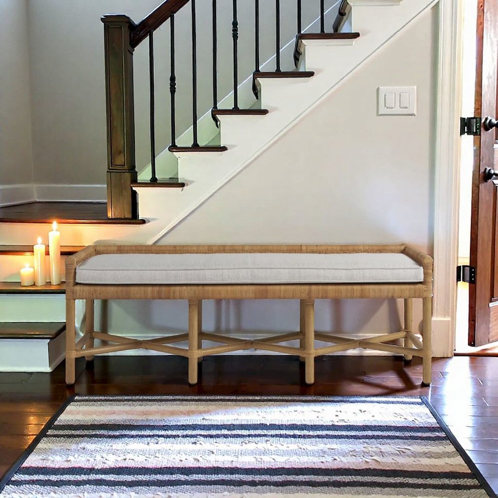Wooden Rattan Bench with Cushion for Bedroom, Entryway, or Dining Use