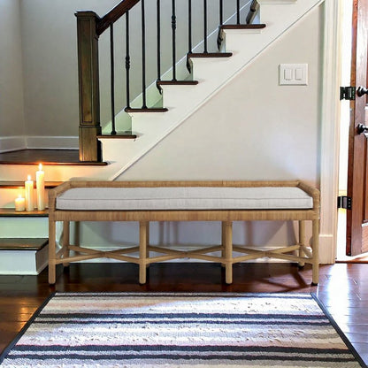 Wooden Rattan Bench with Cushion for Bedroom, Entryway, or Dining Use