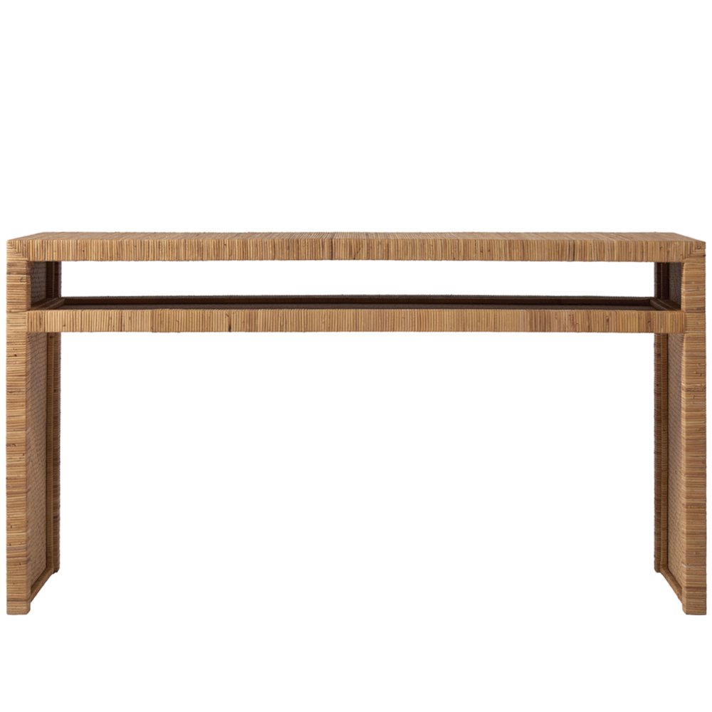 Woven Rattan Console Table in Brown Finish for Entryway Furniture Use