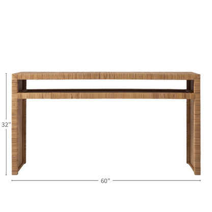 Woven Rattan Console Table in Brown Finish for Entryway Furniture Use