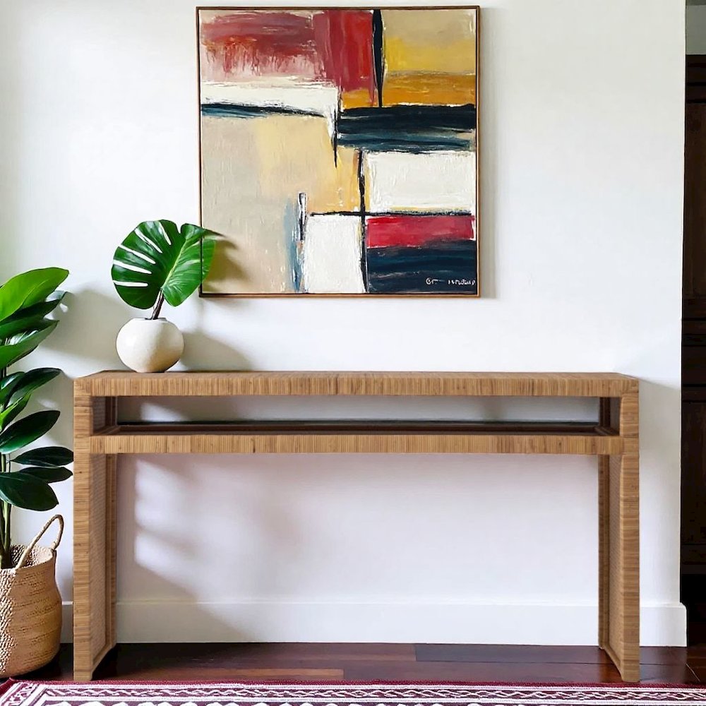 Woven Rattan Console Table in Brown Finish for Entryway Furniture Use