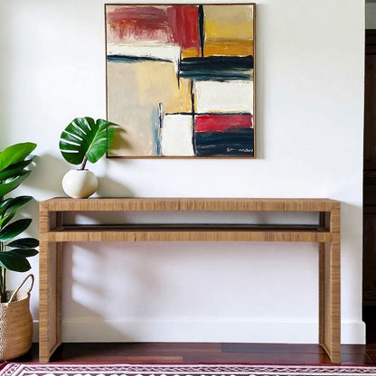 Woven Rattan Console Table in Brown Finish for Entryway Furniture Use