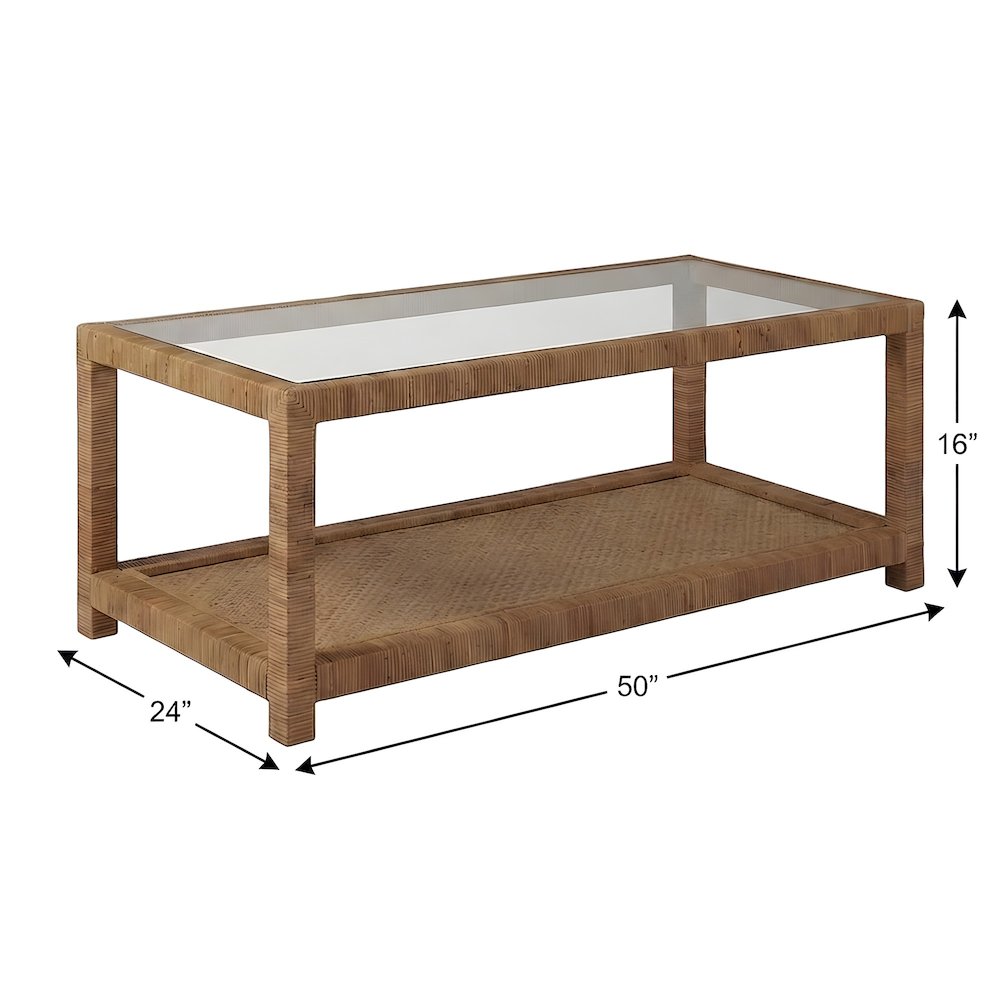 Split Rattan Cocktail Table with Glass Top and Open Wicker Shelf