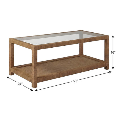 Split Rattan Cocktail Table with Glass Top and Open Wicker Shelf