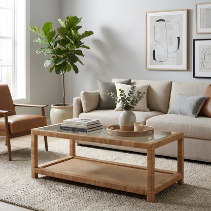 Split Rattan Cocktail Table with Glass Top and Open Wicker Shelf