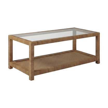 Split Rattan Cocktail Table with Glass Top and Open Wicker Shelf
