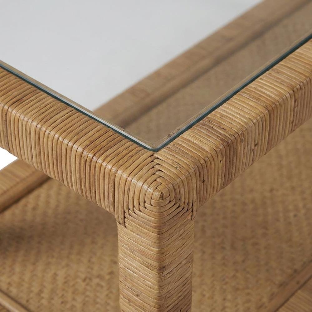 Split Rattan Cocktail Table with Glass Top and Open Wicker Shelf