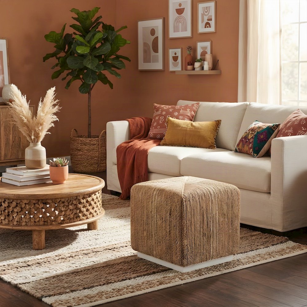 Hand-Woven Abaca Cube Ottoman, Bohemian Eclectic Coastal Accent Pouf, Natural
