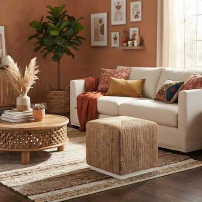 Hand-Woven Abaca Cube Ottoman, Bohemian Eclectic Coastal Accent Pouf, Natural