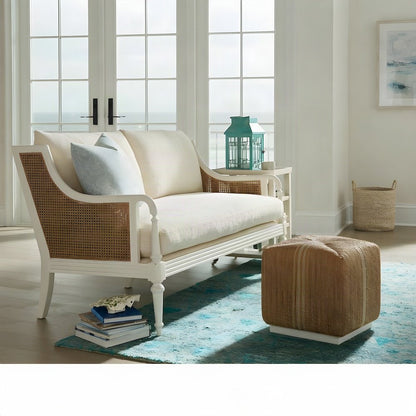 Hand-Woven Abaca Cube Ottoman, Bohemian Eclectic Coastal Accent Pouf, Natural