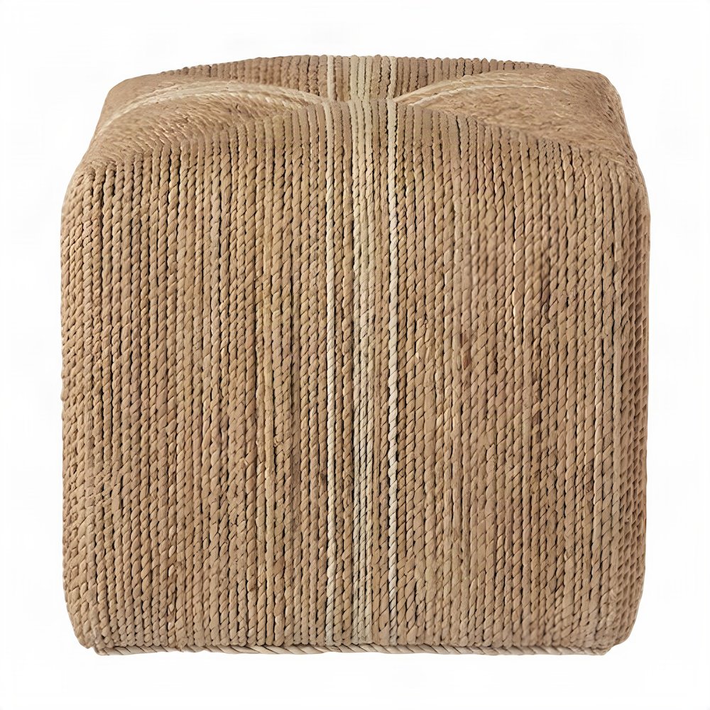 Hand-Woven Abaca Cube Ottoman, Bohemian Eclectic Coastal Accent Pouf, Natural