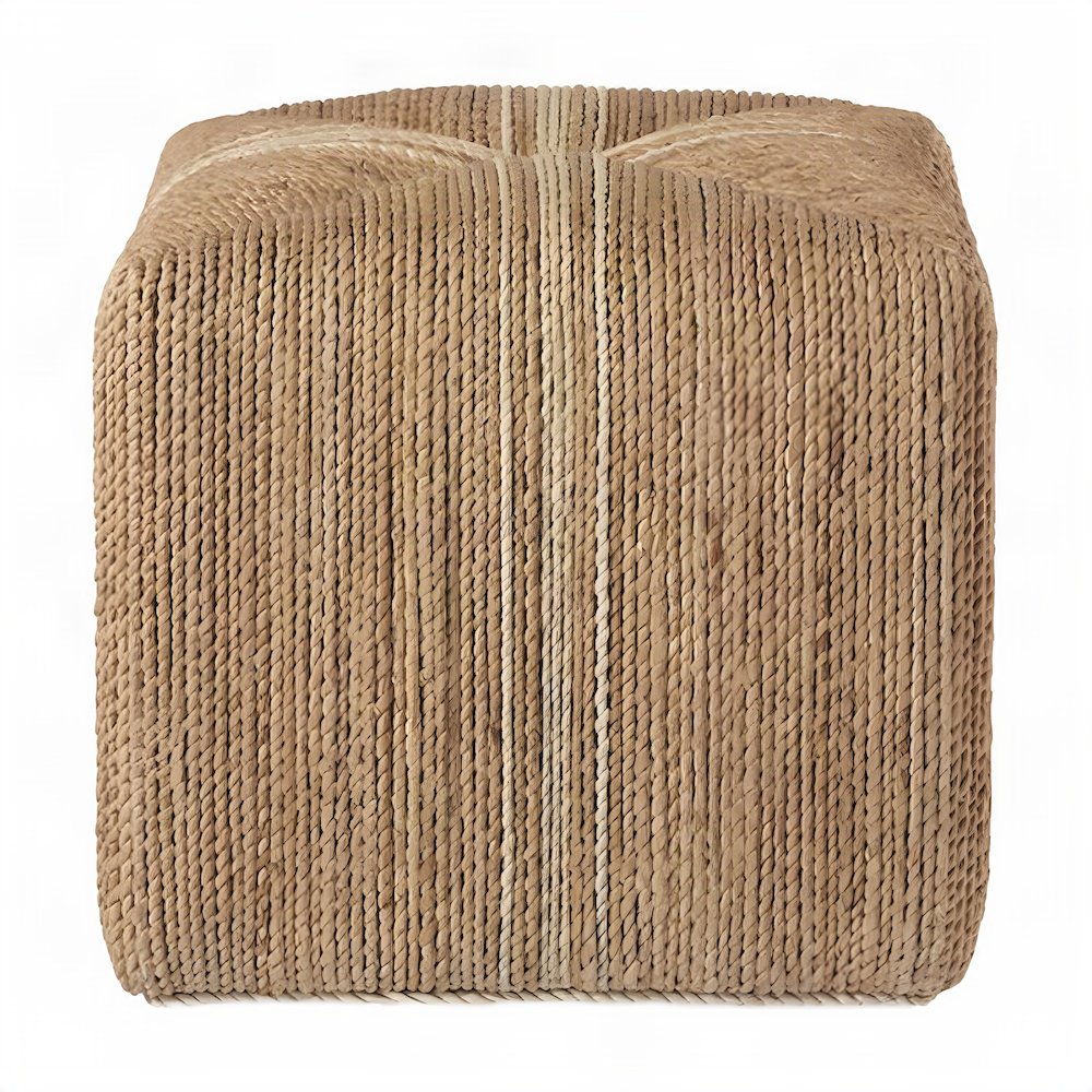 Hand-Woven Abaca Cube Ottoman, Bohemian Eclectic Coastal Accent Pouf, Natural