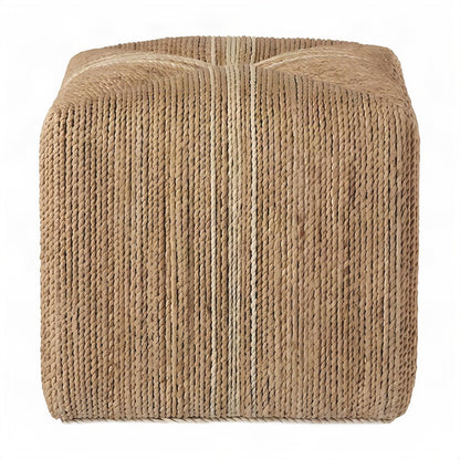 Hand-Woven Abaca Cube Ottoman, Bohemian Eclectic Coastal Accent Pouf, Natural