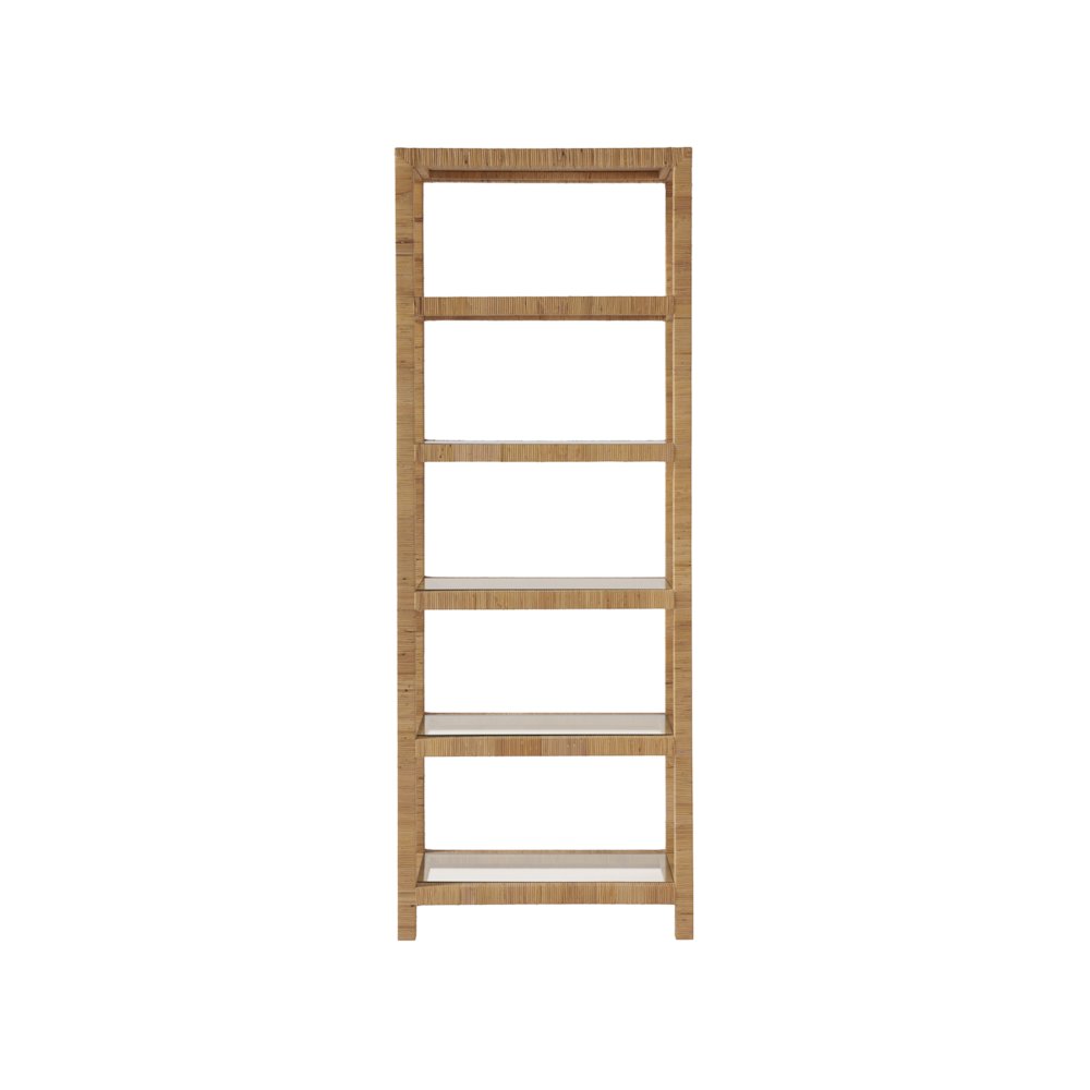 Brown Rattan Bookshelf with Storage and Glass Shelves, 5 Shelf Bookcase