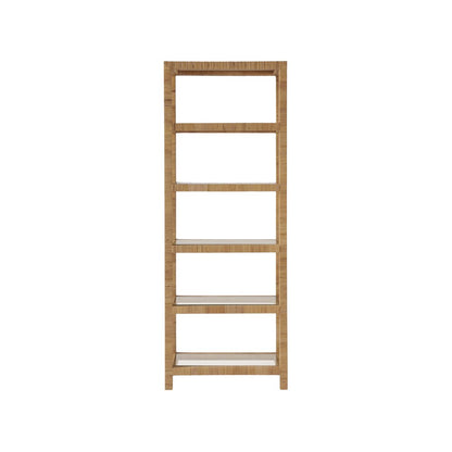 Brown Rattan Bookshelf with Storage and Glass Shelves, 5 Shelf Bookcase