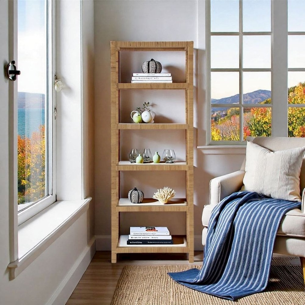 Brown Rattan Bookshelf with Storage and Glass Shelves, 5 Shelf Bookcase