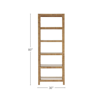 Brown Rattan Bookshelf with Storage and Glass Shelves, 5 Shelf Bookcase
