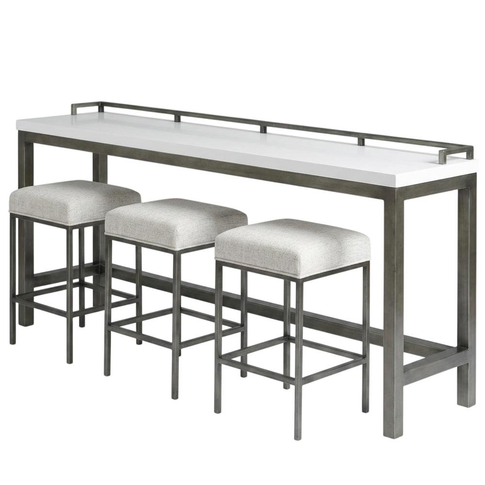 White Console Table with Stools for Bar Seating and Living Room Use