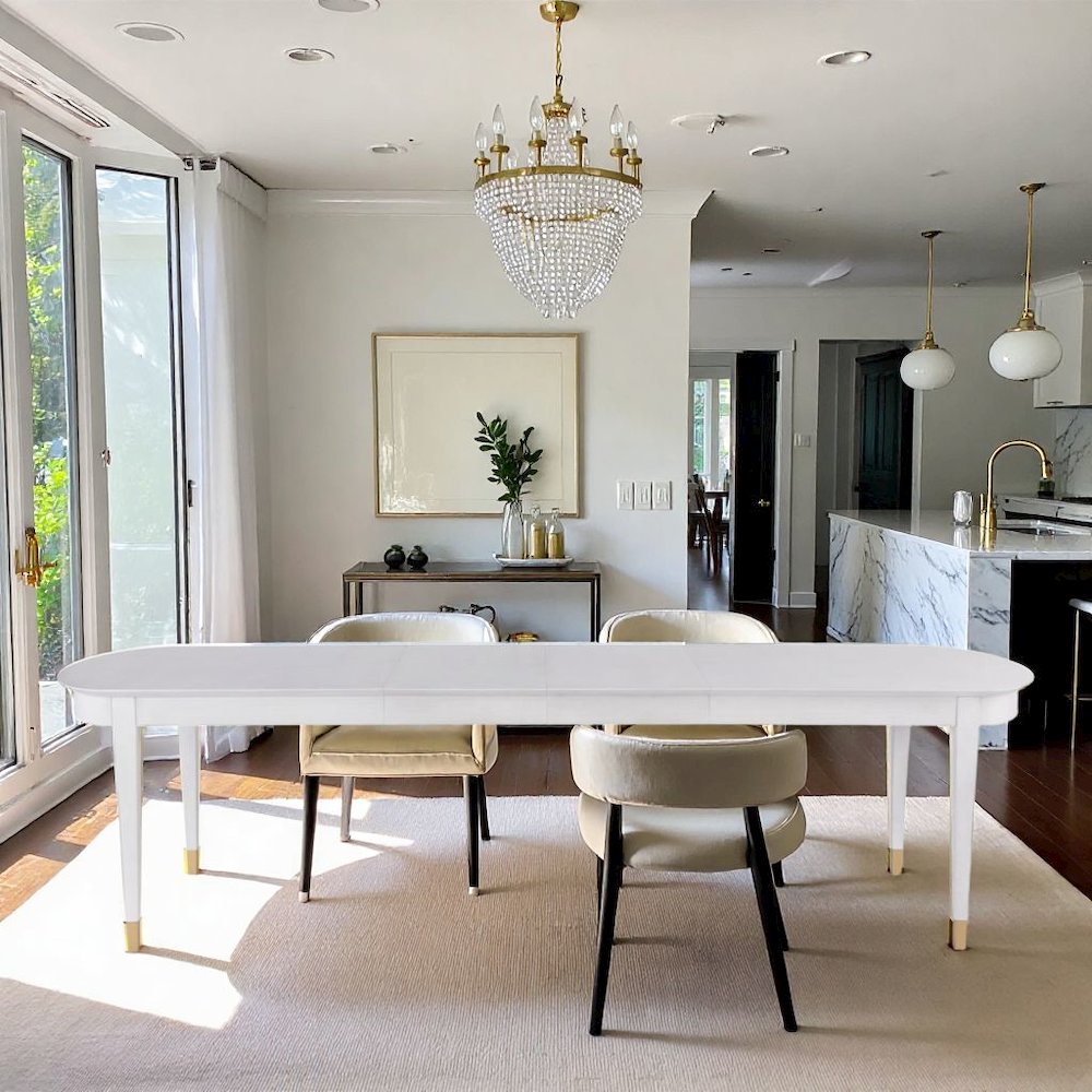 Gray Extendable Dining Room Table with Leaves and Soft Gold Accents