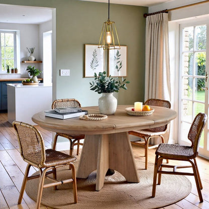 Brown Round Pedestal Dining Table With Oak Veneer Finish for 6