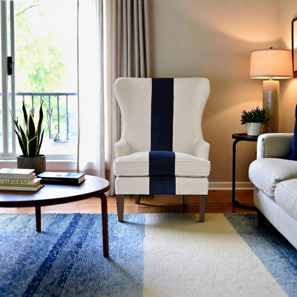 Off-White Wingback Armchair with Navy Stripe Accent for Living Room