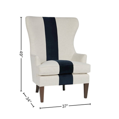 Off-White Wingback Armchair with Navy Stripe Accent for Living Room