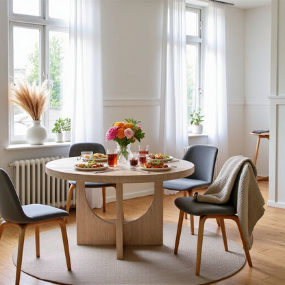 Round Oak Dining Table for 4 with Hand Finished Pedestal Base Design