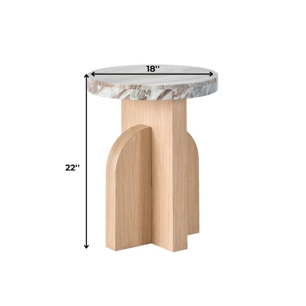White Marble Accent Table with Oak-Finished Pedestal Base For Living Room