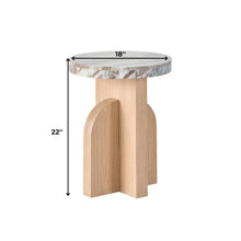White Marble Accent Table with Oak-Finished Pedestal Base For Living Room
