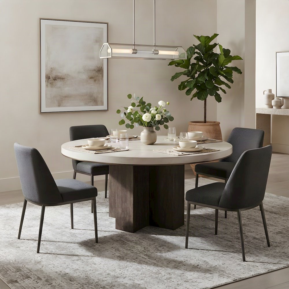 Anigre Veneer Round Dining Table with Satin Bronze Metal Trim, Silver Fox/Otter