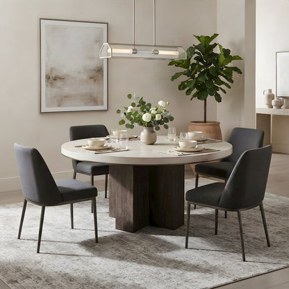 Anigre Veneer Round Dining Table with Satin Bronze Metal Trim, Silver Fox/Otter