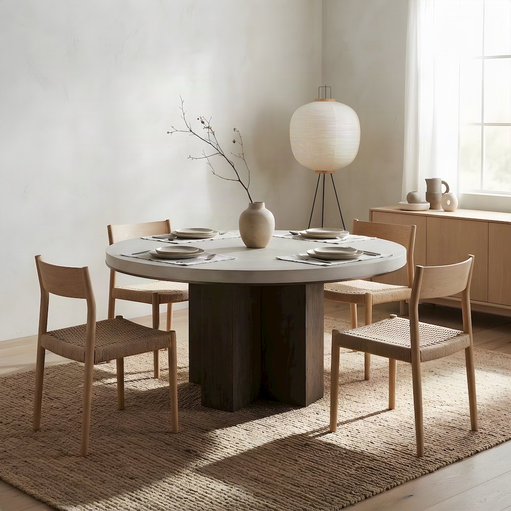 Anigre Veneer Round Dining Table with Satin Bronze Metal Trim, Silver Fox/Otter