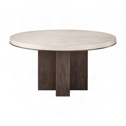 Anigre Veneer Round Dining Table with Satin Bronze Metal Trim, Silver Fox/Otter