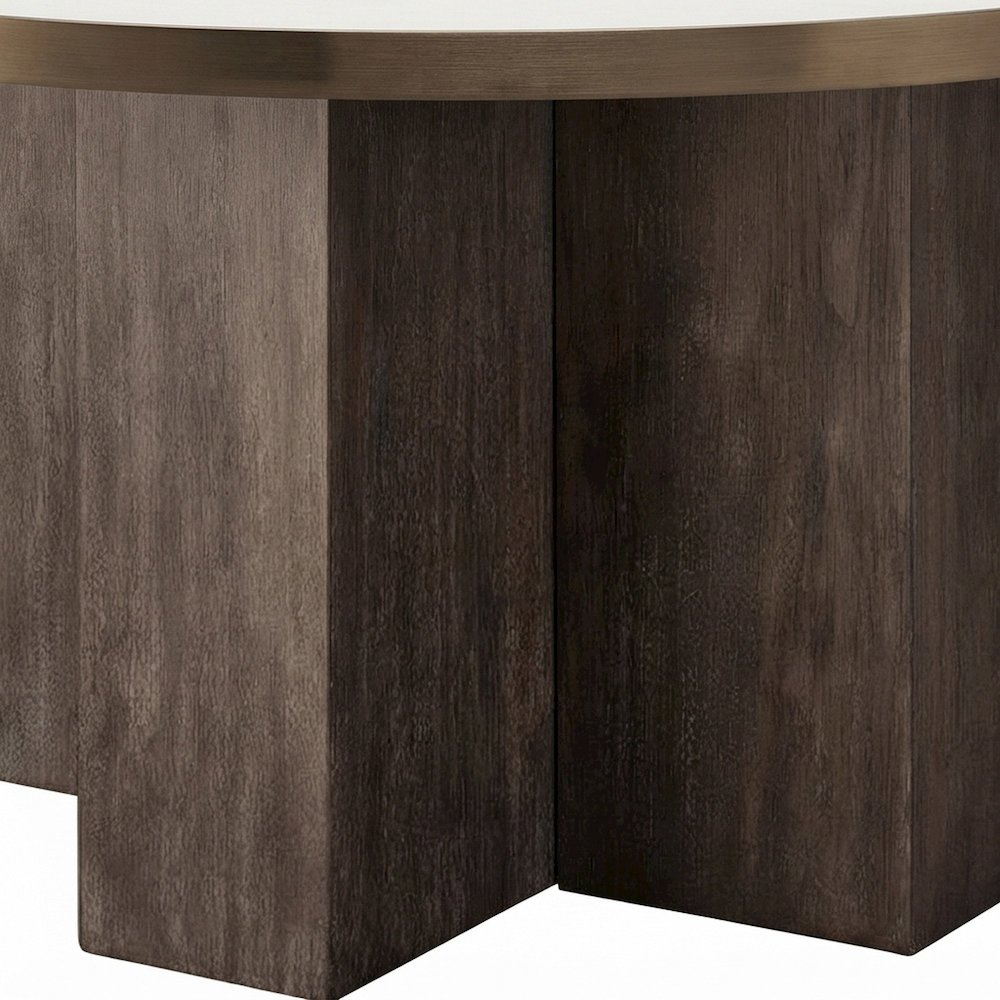 Anigre Veneer Round Dining Table with Satin Bronze Metal Trim, Silver Fox/Otter